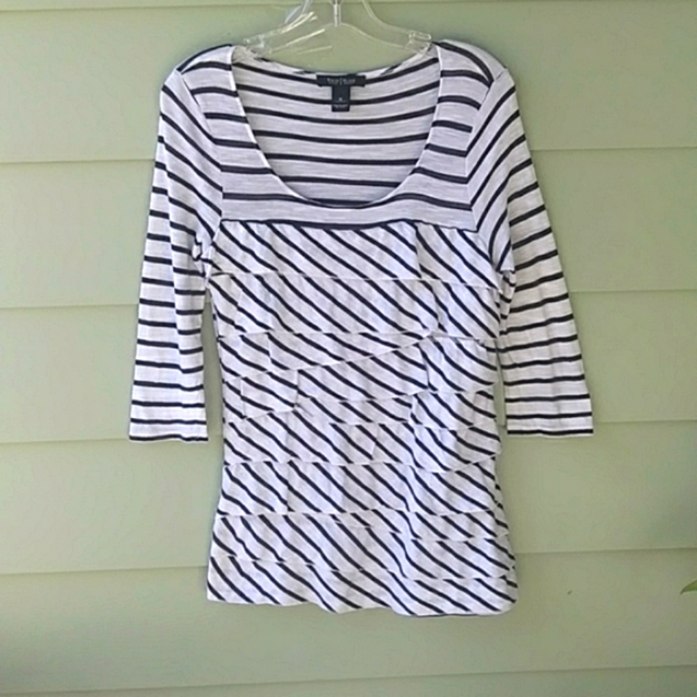 White House Black Market Women's White & Black Striped 3/4 Slv Scoop Neck Top M